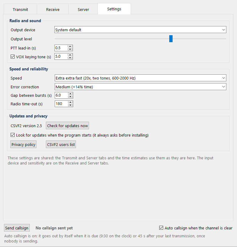 CSVF2 Settings tab